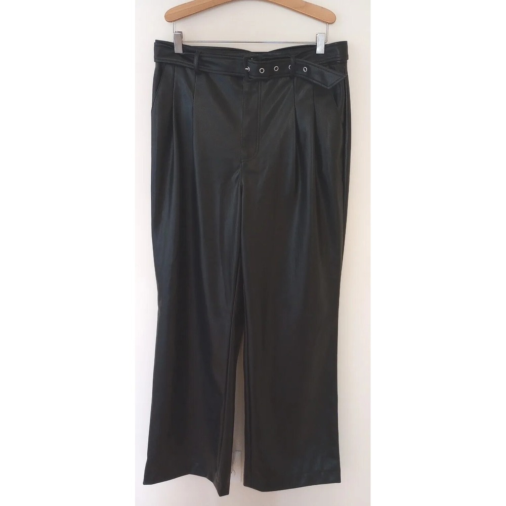 7 For All Mankind Pleated/Belted High Waist Faux Leather Trouser Pants BLK NWT
